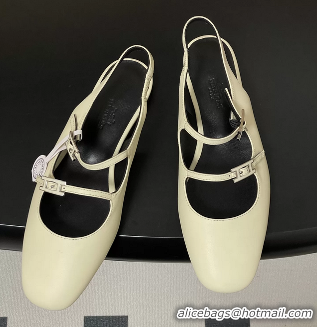Classic Hermes Mila Flat Slingback with Hapi Buckle White Calfskin Leather 6052701