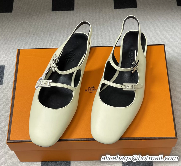 Classic Hermes Mila Flat Slingback with Hapi Buckle White Calfskin Leather 6052701