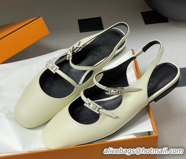 Classic Hermes Mila Flat Slingback with Hapi Buckle White Calfskin Leather 6052701
