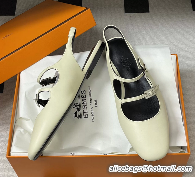 Classic Hermes Mila Flat Slingback with Hapi Buckle White Calfskin Leather 6052701