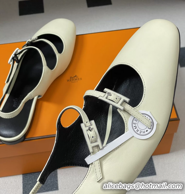 Classic Hermes Mila Flat Slingback with Hapi Buckle White Calfskin Leather 6052701