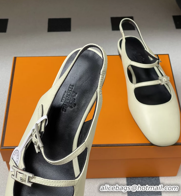 Classic Hermes Mila Flat Slingback with Hapi Buckle White Calfskin Leather 6052701