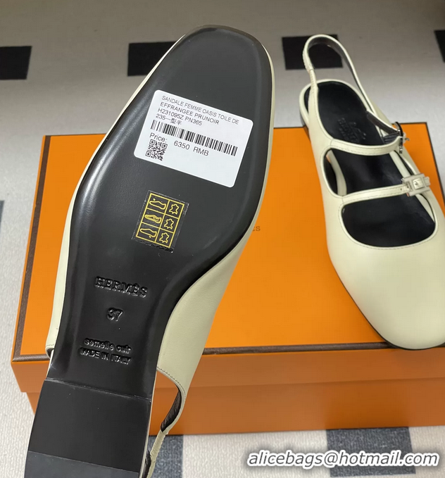 Classic Hermes Mila Flat Slingback with Hapi Buckle White Calfskin Leather 6052701