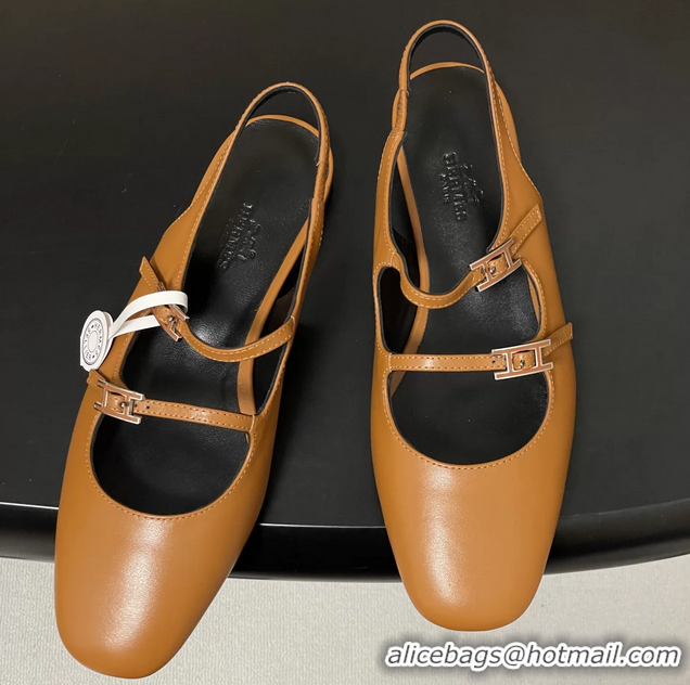 Lower Price Hermes Mila Flat Slingback with Hapi Buckle Brown Calfskin Leather 6052701