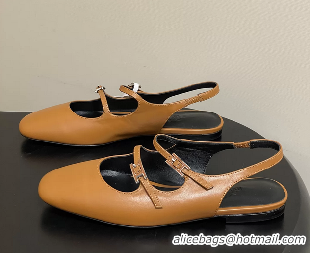 Lower Price Hermes Mila Flat Slingback with Hapi Buckle Brown Calfskin Leather 6052701