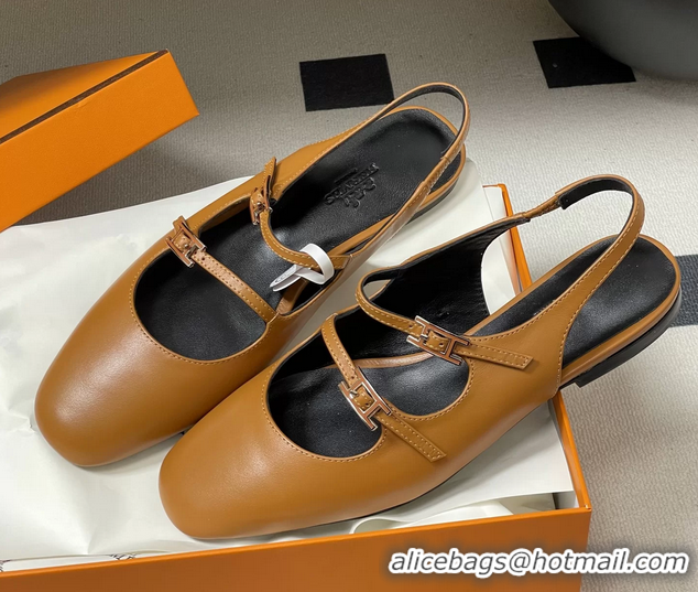 Lower Price Hermes Mila Flat Slingback with Hapi Buckle Brown Calfskin Leather 6052701