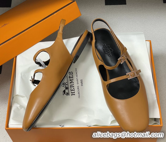 Lower Price Hermes Mila Flat Slingback with Hapi Buckle Brown Calfskin Leather 6052701