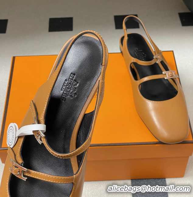 Lower Price Hermes Mila Flat Slingback with Hapi Buckle Brown Calfskin Leather 6052701