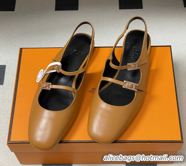 Lower Price Hermes Mila Flat Slingback with Hapi Buckle Brown Calfskin Leather 6052701