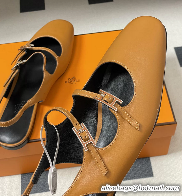 Lower Price Hermes Mila Flat Slingback with Hapi Buckle Brown Calfskin Leather 6052701