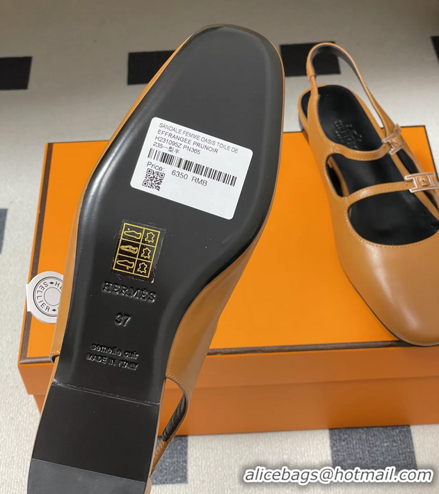 Lower Price Hermes Mila Flat Slingback with Hapi Buckle Brown Calfskin Leather 6052701