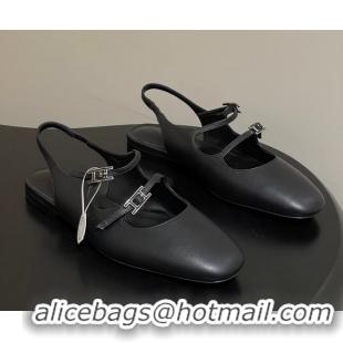 Fashion Hermes Mila Flat Slingback with Hapi Buckle Black Calfskin Leather 6052701