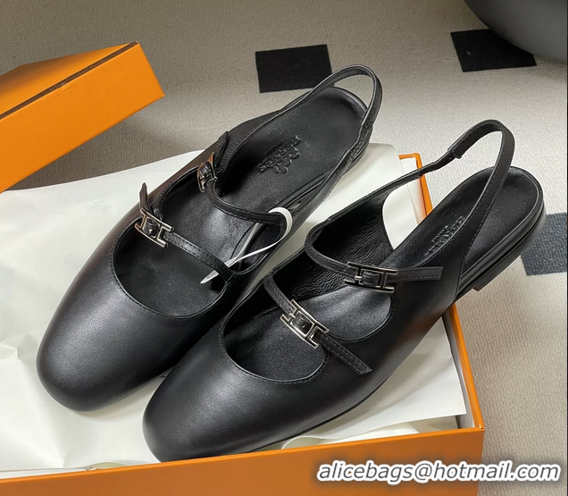 Fashion Hermes Mila Flat Slingback with Hapi Buckle Black Calfskin Leather 6052701