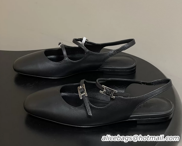 Fashion Hermes Mila Flat Slingback with Hapi Buckle Black Calfskin Leather 6052701