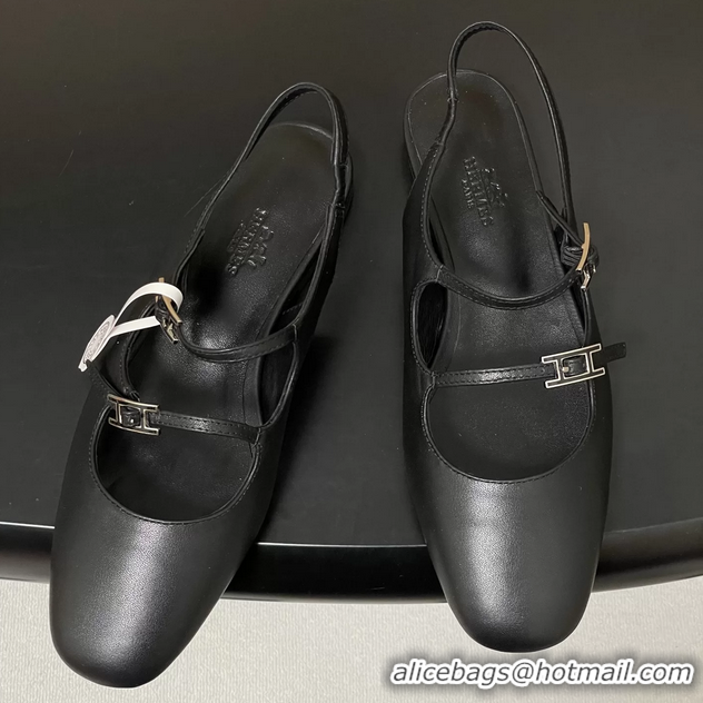 Fashion Hermes Mila Flat Slingback with Hapi Buckle Black Calfskin Leather 6052701