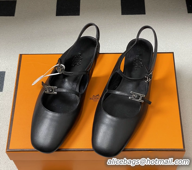 Fashion Hermes Mila Flat Slingback with Hapi Buckle Black Calfskin Leather 6052701