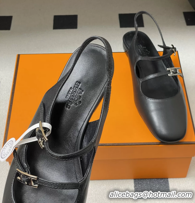 Fashion Hermes Mila Flat Slingback with Hapi Buckle Black Calfskin Leather 6052701