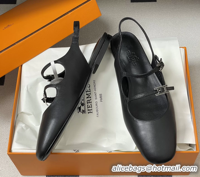 Fashion Hermes Mila Flat Slingback with Hapi Buckle Black Calfskin Leather 6052701