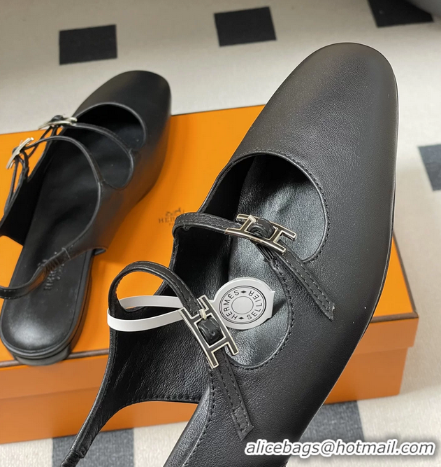 Fashion Hermes Mila Flat Slingback with Hapi Buckle Black Calfskin Leather 6052701