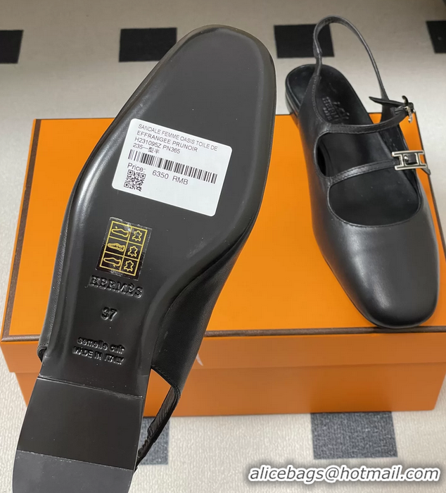 Fashion Hermes Mila Flat Slingback with Hapi Buckle Black Calfskin Leather 6052701