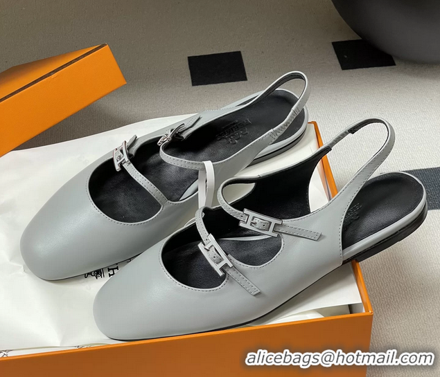 Buy Discount Hermes Mila Flat Slingback with Hapi Buckle Light Blue Calfskin Leather 6052701