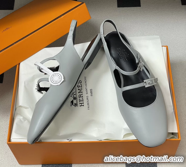 Buy Discount Hermes Mila Flat Slingback with Hapi Buckle Light Blue Calfskin Leather 6052701