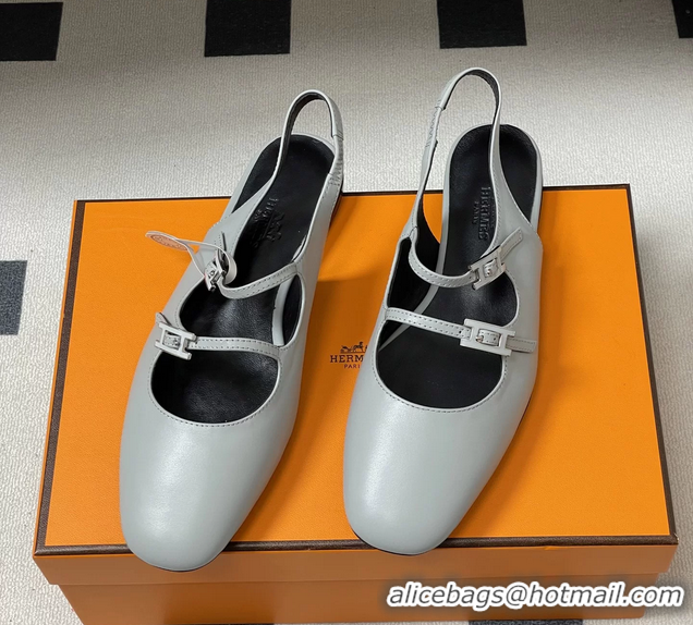 Buy Discount Hermes Mila Flat Slingback with Hapi Buckle Light Blue Calfskin Leather 6052701
