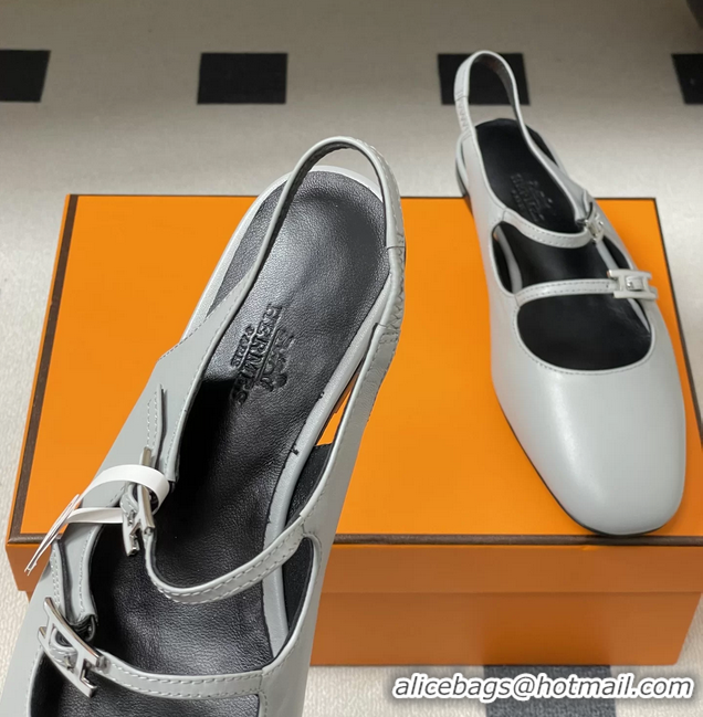 Buy Discount Hermes Mila Flat Slingback with Hapi Buckle Light Blue Calfskin Leather 6052701
