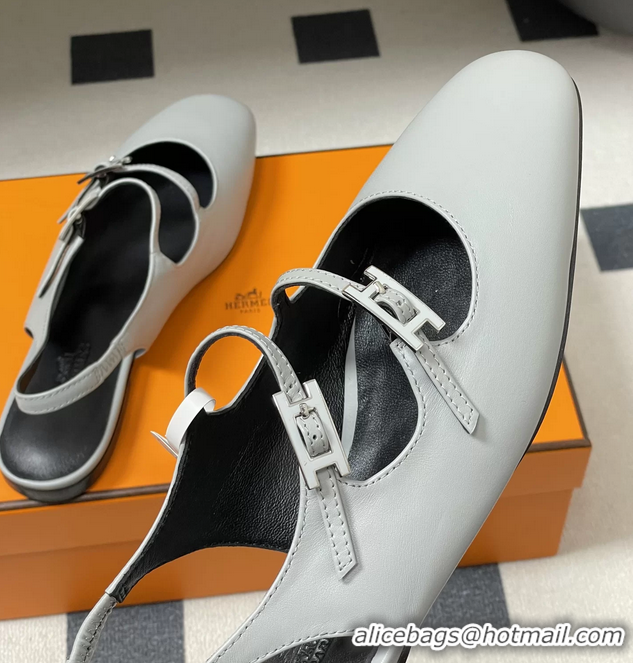 Buy Discount Hermes Mila Flat Slingback with Hapi Buckle Light Blue Calfskin Leather 6052701