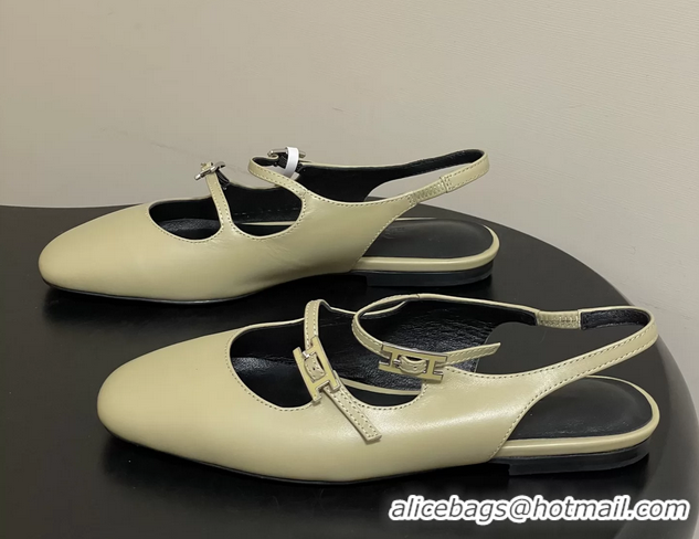 Discount Hermes Mila Flat Slingback with Hapi Buckle Khaki Green Calfskin Leather 6052701