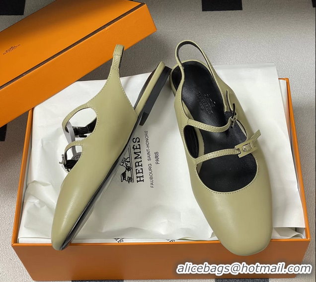 Discount Hermes Mila Flat Slingback with Hapi Buckle Khaki Green Calfskin Leather 6052701