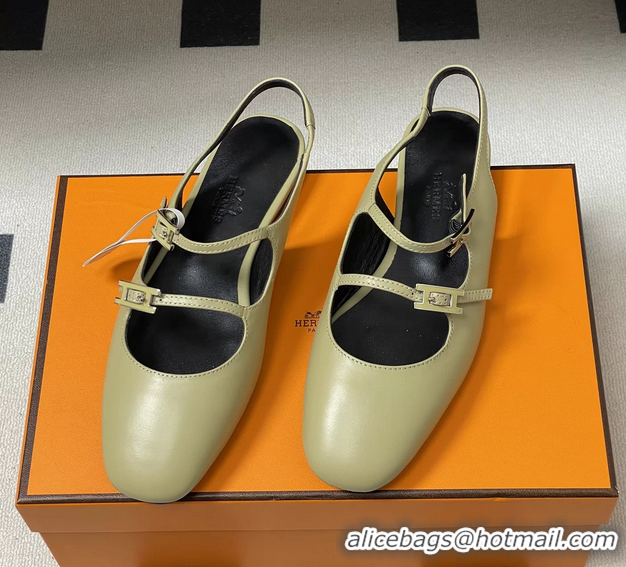 Discount Hermes Mila Flat Slingback with Hapi Buckle Khaki Green Calfskin Leather 6052701