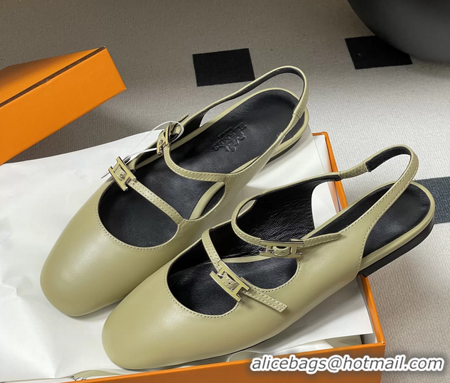 Discount Hermes Mila Flat Slingback with Hapi Buckle Khaki Green Calfskin Leather 6052701