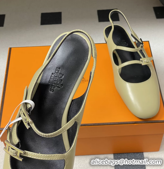 Discount Hermes Mila Flat Slingback with Hapi Buckle Khaki Green Calfskin Leather 6052701
