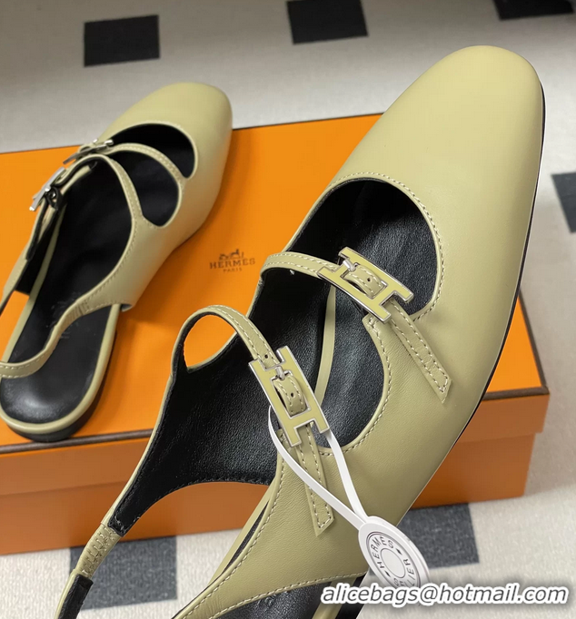 Discount Hermes Mila Flat Slingback with Hapi Buckle Khaki Green Calfskin Leather 6052701
