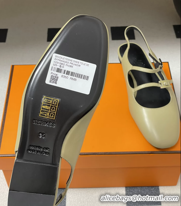 Discount Hermes Mila Flat Slingback with Hapi Buckle Khaki Green Calfskin Leather 6052701