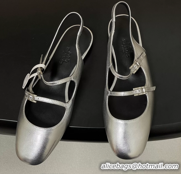 Durable Hermes Mila Flat Slingback with Hapi Buckle Silver Calfskin Leather 6052701