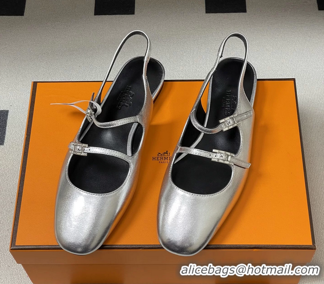 Durable Hermes Mila Flat Slingback with Hapi Buckle Silver Calfskin Leather 6052701