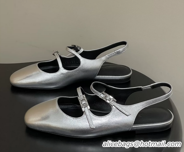 Durable Hermes Mila Flat Slingback with Hapi Buckle Silver Calfskin Leather 6052701