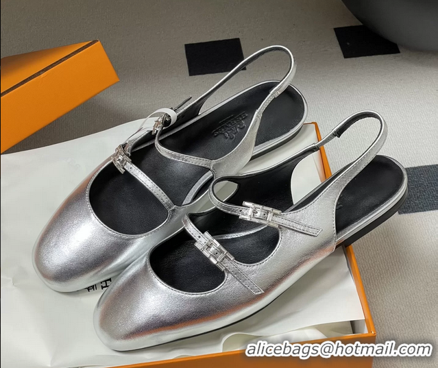 Durable Hermes Mila Flat Slingback with Hapi Buckle Silver Calfskin Leather 6052701
