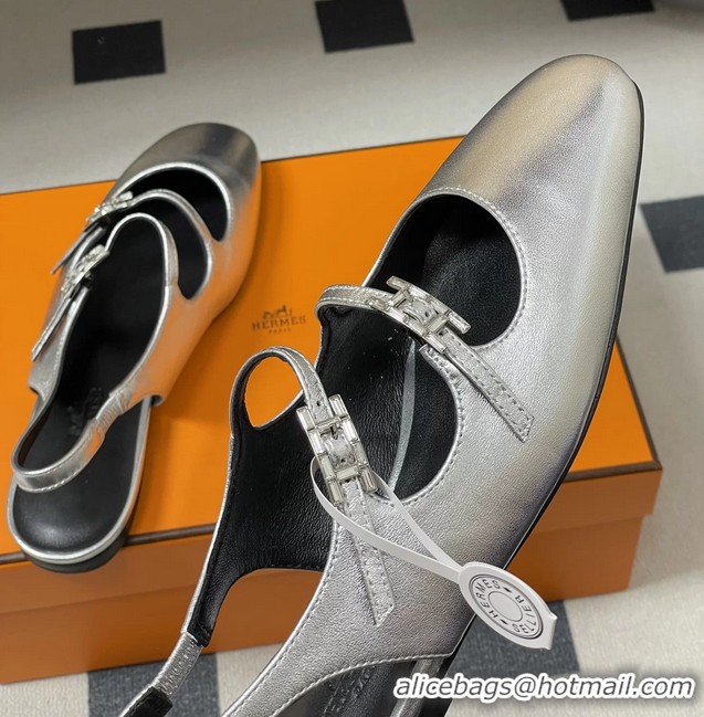 Durable Hermes Mila Flat Slingback with Hapi Buckle Silver Calfskin Leather 6052701