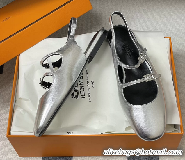 Durable Hermes Mila Flat Slingback with Hapi Buckle Silver Calfskin Leather 6052701