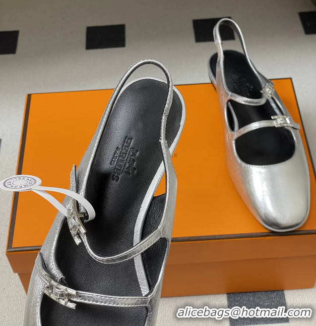 Durable Hermes Mila Flat Slingback with Hapi Buckle Silver Calfskin Leather 6052701