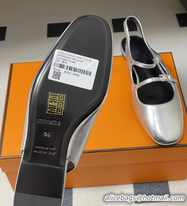 Durable Hermes Mila Flat Slingback with Hapi Buckle Silver Calfskin Leather 6052701