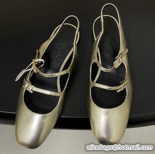 Low Price Hermes Mila Flat Slingback with Hapi Buckle Gold Calfskin Leather 6052701