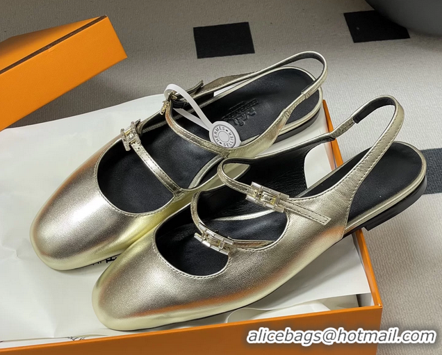 Low Price Hermes Mila Flat Slingback with Hapi Buckle Gold Calfskin Leather 6052701
