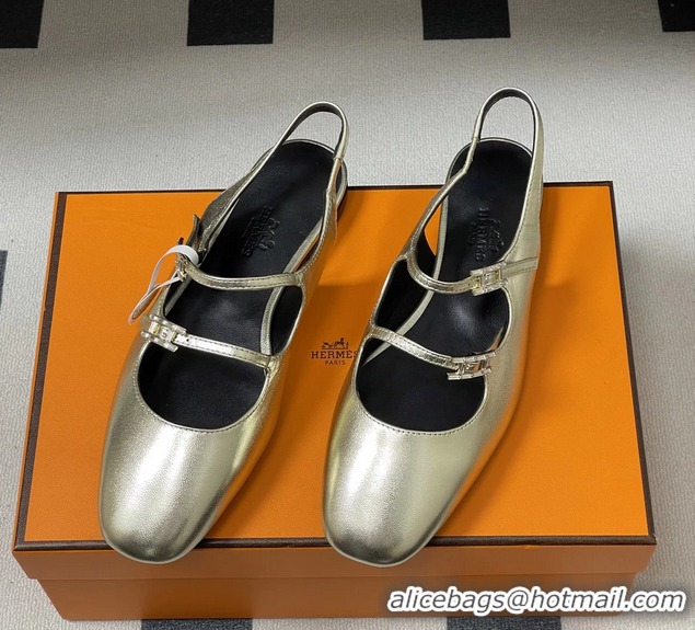 Low Price Hermes Mila Flat Slingback with Hapi Buckle Gold Calfskin Leather 6052701