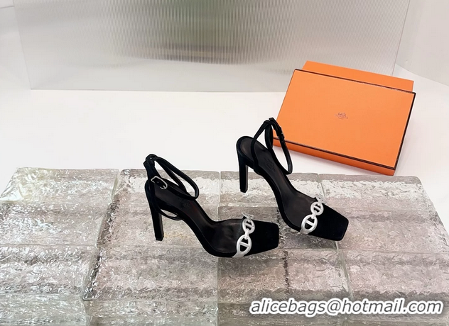 Classic Hermes Luz High Heeled Sandals with Ankle Strap Black Suede Leather 6052703