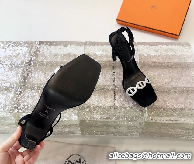 Classic Hermes Luz High Heeled Sandals with Ankle Strap Black Suede Leather 6052703