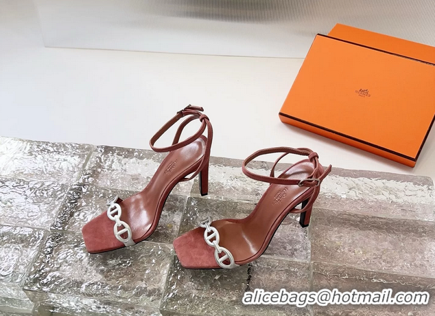 Comfortable Hermes Luz High Heeled Sandals with Ankle Strap Red Suede Leather 6052703
